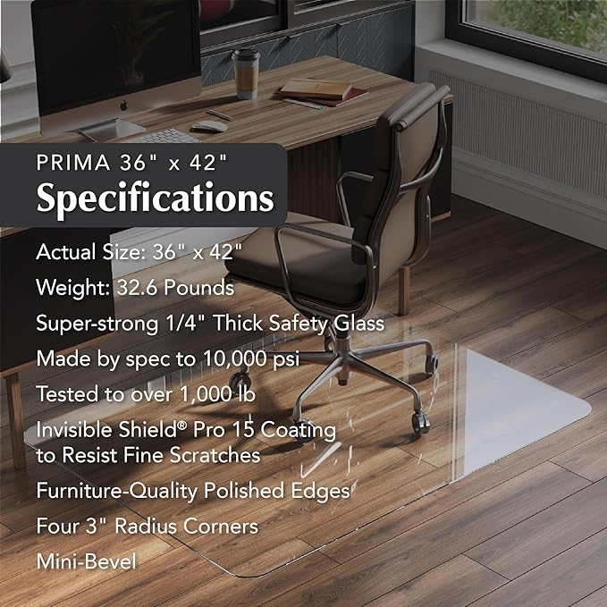 Vitrazza Glass Chair Mat 36” x 42” Superior ¼ Thick, Chiaro Standard Clear, Certified Tempered Safety Glass, Delivers a Smooth Glide, Protects Carpet or Wood, Beautiful in Home or Office.