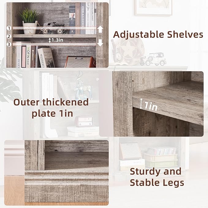 RWYHG 43" Grey Tall Bookshelf,3-Tier Thick Wooden Book Shelf with Adjustable Shelves,Free Standing Farmhouse Bookcase with Open Display Storage,Floor Vintage Bookshelves for Living Room,Office