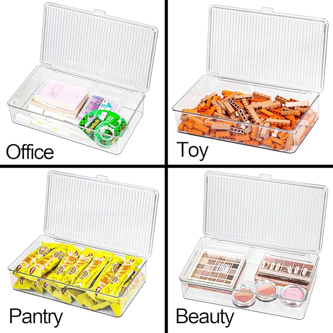 ZEXALOR Pack of 2 Clear Storage Bins with Lids, Small Storage Containers Boxes with Lids, Dresser Organizer, Tea Bag Organizer, Freezer Bin, Plastic Drawer Organizers (10.6×6.1×2.3“)