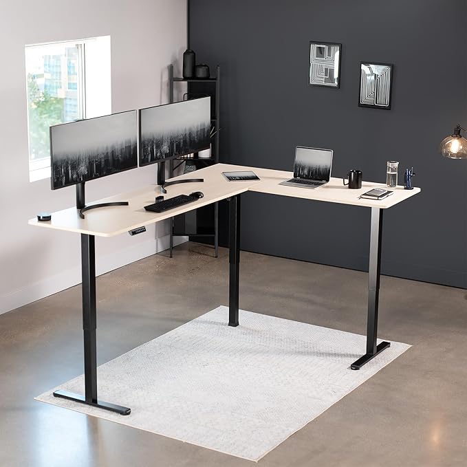 VIVO Electric Corner 84 x 63 inch L-Shaped Standing Desk, Memory Height Adjustment, Light Wood Top Black Frame, DESK-E3CTBC-84