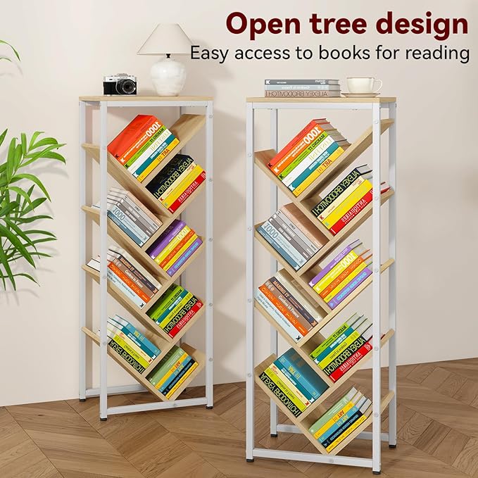 IBUYKE 9 Tier Tree Bookshelf, Floor Standing Wood Bookshelf for Narrow Space, Storage Organizer Bookcase for Books/CDs/Movies, Small Corner Bookcase for Bedroom Living Room,Natural,TBC002N