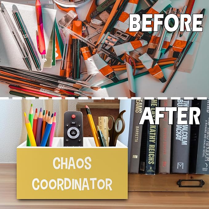 XPH Chaos Coordinator Yellow Pen Pencil Holder Organizer for Desk, Thank You Gifts for Women Men Coworkers Boss Leader Manager, Appreciation Gifts Wooden Box Sign for Office Tabletop Decorations