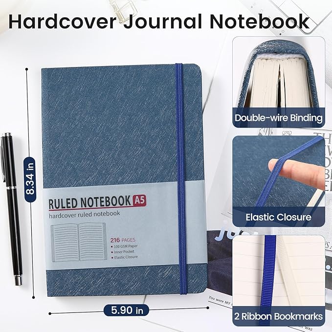 TSFPapier Lined Journal Notebook for Women Men 216 Pages A5 Hardcover Journals for Writing Daily Journaling Notebook for Work, School, Note Taking, Business, Travel Navy Blue