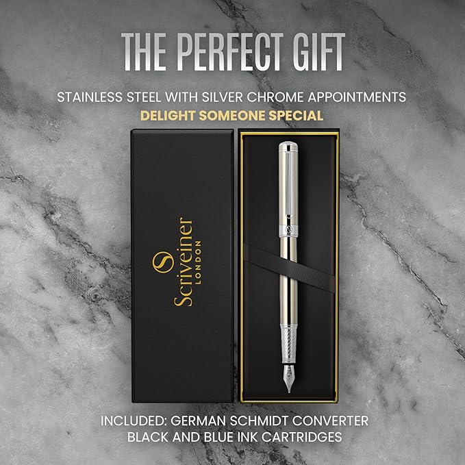 Scriveiner Stainless Steel Fountain Pen - Stunning Luxury Pen with Steel Finish, Schmidt Steel Nib (Fine), Best Pen Gift Set for Men & Women, Professional, Executive Office, Nice Designer Pens