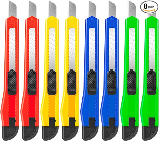 8 Pack Utility Knife Box Cutters (9mm Wide Blade Cutter 4 Colors) Box Cutter Retractable, Compact Utility Knives, Extended Use for Office, Craft, Razor Knife, Paper Knife, Disposable Box Opener
