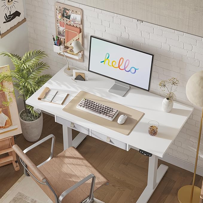 Agilestic Standing Desk with 2 Drawers, Adjustable Height Electric Desk with Storage, 55 x 24 Inches Sit Stand Up Computer Table, White