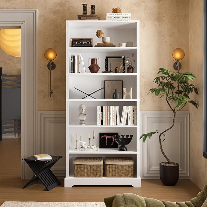 TVU 6-Tier Wooden Bookshelf, 77.2" Tall Farmhouse Style Open Bookcase, 31.5" W Standing Bookshelf with Storage, Suitable for Study, Living Room, Office, White