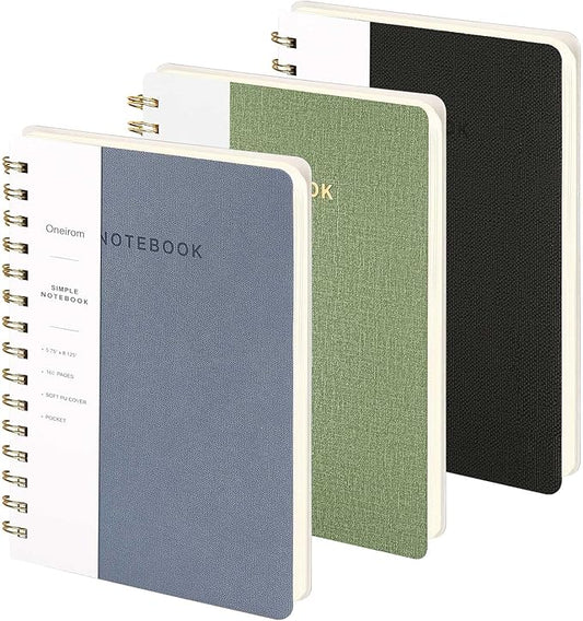 Spiral Notebook-5.75" x 8.125" College Ruled Journal with Inner Pockets and 160 Pages,PU Leather Cover Business Journal, Twin-Wire Binding Notebook Perfect for Office & Home School Supplies 3 pack ArmyGreen ReefBlue Black