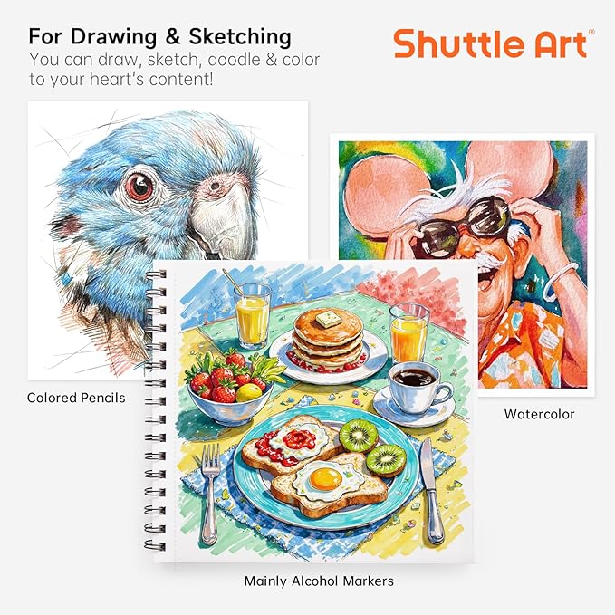 Shuttle Art Marker Pad, 8.9”x8.3” Portable Sketchbook, 40 Sheets Marker Drawing Paper, 110LB/180GSM Smooth Surface Bleedproof Art Paper, Spiral-Bound, Great for Beginners to Draw, Paint & Sketch