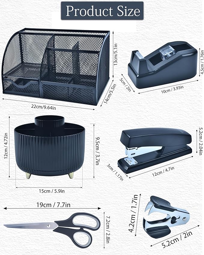 LXEVIHK 20Pcs Black Desk Organizers and Accessories With Mesh Desk Organizer and 360°Rotating Pen Holder and a Lot of Office Black Office Supplies Beautifully Presented in a Gift Box
