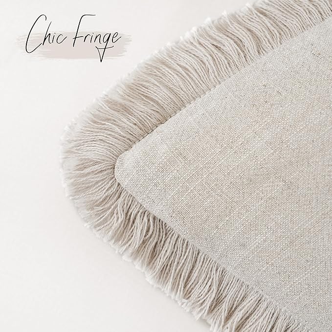 Foindtower Set of 2 Decorative Linen Fringe Throw Pillow Covers Cozy Boho Farmhouse Cushion Cover with Tassels Soft Accent Pillowcase for Couch Sofa Living Room Home Decor, 26×26 Inch, Natural Beige