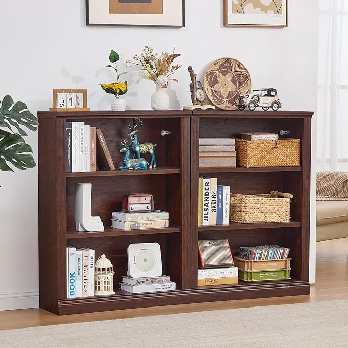 RWYHG 43" Walnut Tall Bookshelf,3-Tier Thick Wooden Book Shelf with Adjustable Shelves,Free Standing Farmhouse Bookcase with Open Display Storage,Floor Vintage Bookshelves for Living Room,Office