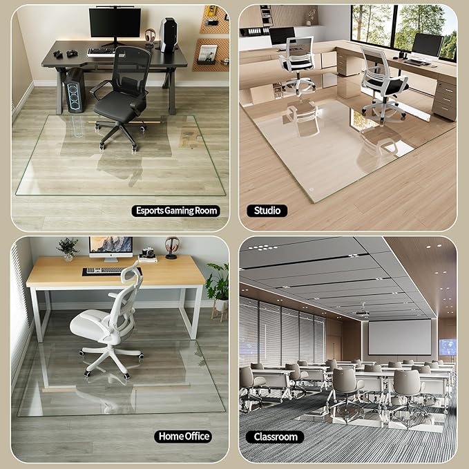 Koonmi Tempered Glass Chair Mat for Hardwood Floors & Carpets, 48" x 80“ Transparent Heavy Duty Office Floor Protector with Noise-Free Gliding Shatterproof for Home Office Desk