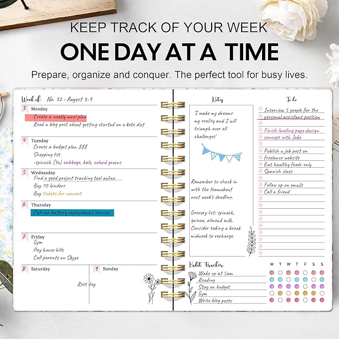 Undated Weekly and Monthly Planner – 12-Month To Do List Notebook Organizer with Goal & Habit Tracker, Monthly Calendar, Spiral Productivity Journal Ideal for Work, School & Home, 6.5" x 8.5", Rose