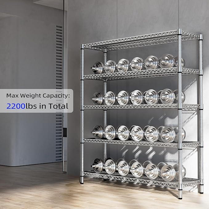 M MZG 2200 Lbs 5 Tier Storage Rack Metal Wire Shelving Unit, Storage Standing Shelf Organizer for Laundry Bathroom Kitchen Pantry Closet Garage, Chrome 17.7" D x 59.1" W x 70.4" H