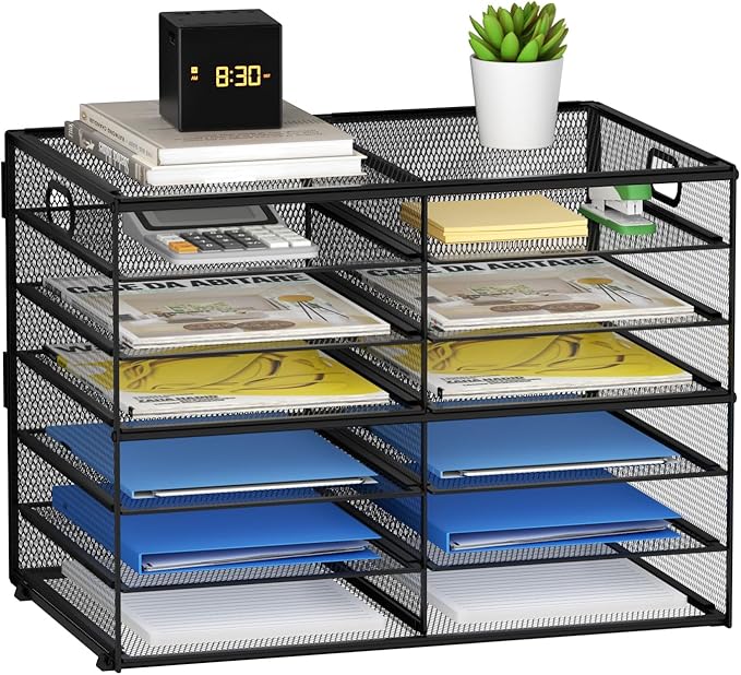Lavatino 12 Compartments Paper Organizer for Desk, Mesh Literature Organizer, Mail File Sorter Tray with Handle, Desktop Mailbox for Office Classroom Home, Black