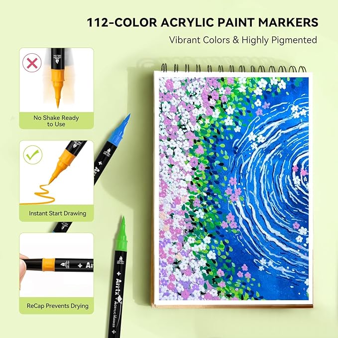 Arrtx Dual Tip Acrylic Markers 112 Colors,Brush and Fine Tip Acrylic Paint Pens Paint Coloring Drawing Markers for Rock Painting,Wood,Canvas,Glass,Stone,Plastic,Fabric Art Supply