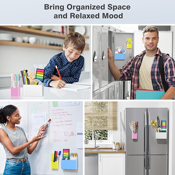 MoKo Magneitc Dry Erase Marker Holder Set, 4-Pack Magnetic Marker Pencil Pen Holder Cup Organizer for Metal & Magnetic Surface, 2 Large & 2 Small Holders, Blue/White/Pink/Yellow