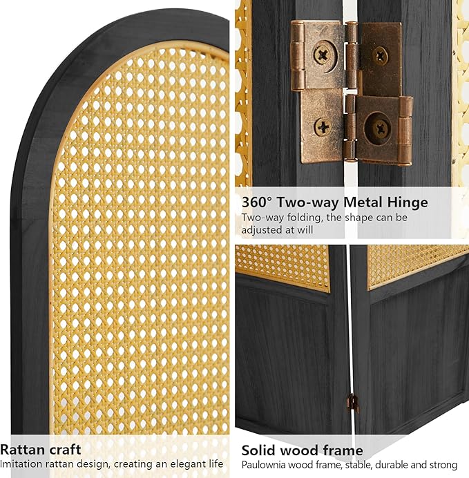 Asnefeli Room Divider 4 Panels, Folding Privacy Screen, Foldable Wood Rattan Room Divider Panel, Portable Partition Screen, Wall Divider for Room Separation Bedroom Home Office Garden Terrace (Black)