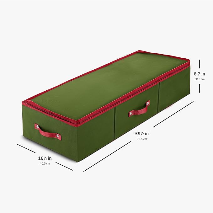 ZOBER Underbed Christmas Ornament Storage Box - Stores 120 3" Ornaments, With Dividers - Tear Proof 600D Oxford Fabric, Ornament Organizer Storage Box, Durable Christmas Containers Holder - Green