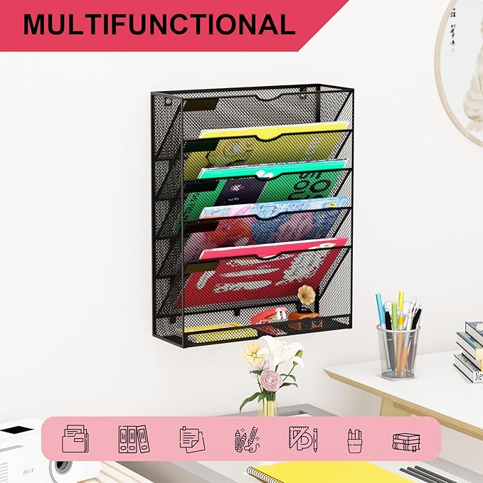GDINDINFAN 6-Tier Hanging File Organizer Office Cubicle Accessories for Work Organizer Wall Mount File Holder for Mails Folders Papers Magazine Organization, Black