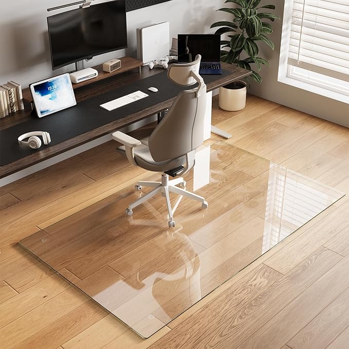 Koonmi Tempered Glass Chair Mat for Hardwood Floors & Carpets, 40" x 80“ Transparent Heavy Duty Office Floor Protector with Noise-Free Gliding Shatterproof for Home Office Desk