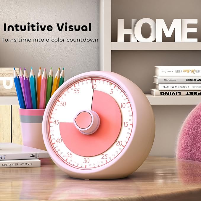 Visual Timer for Kids 60-Minute - Countdown Timer with Optional Alarm, Focus Tool for ADHD & Autism, Time Management for Homework, Chores, Office, Kitchen, Teaching & Study Routines (Pink)