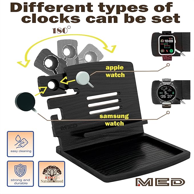 MED Wood Phone Docking Station – Nightstand Desk Organizer for Phone, Watch, Wallet & Tablet – Gift for Men, Husband, Dad & Women – Wooden Charging Stand with Key Holder (Black, Model 1)