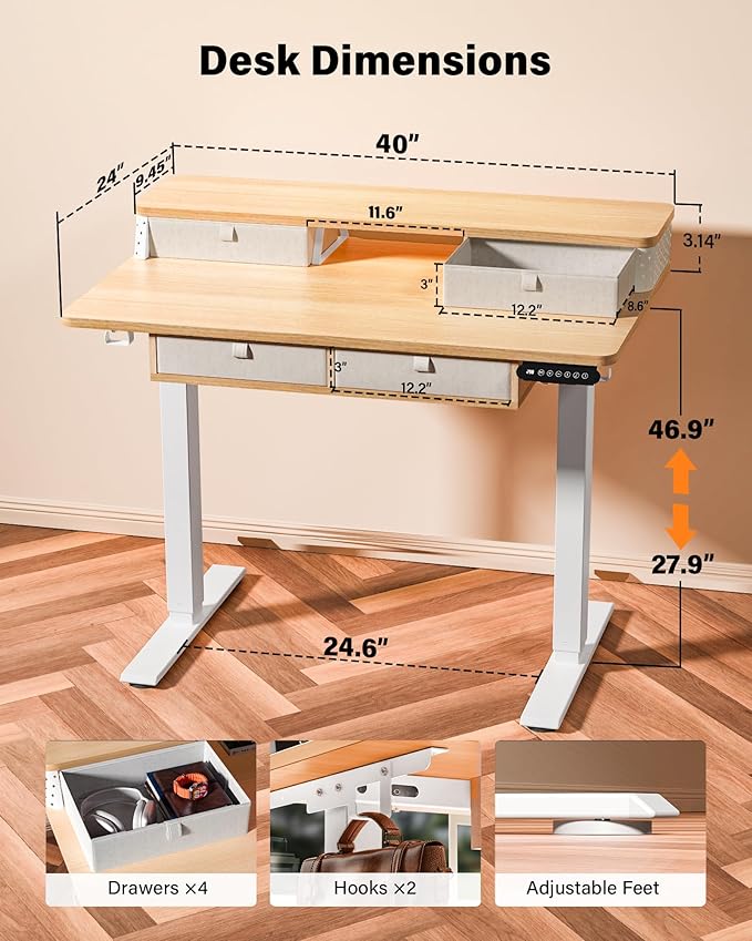 FiCiHi Electric Standing Desk with Four Drawers, Adjustable Height Sit Stand Desk, C-Clamp Compatible Home Office Desk with Storage Shelf & Monitor Stand Riser, 40 x 24 Inch, Maple