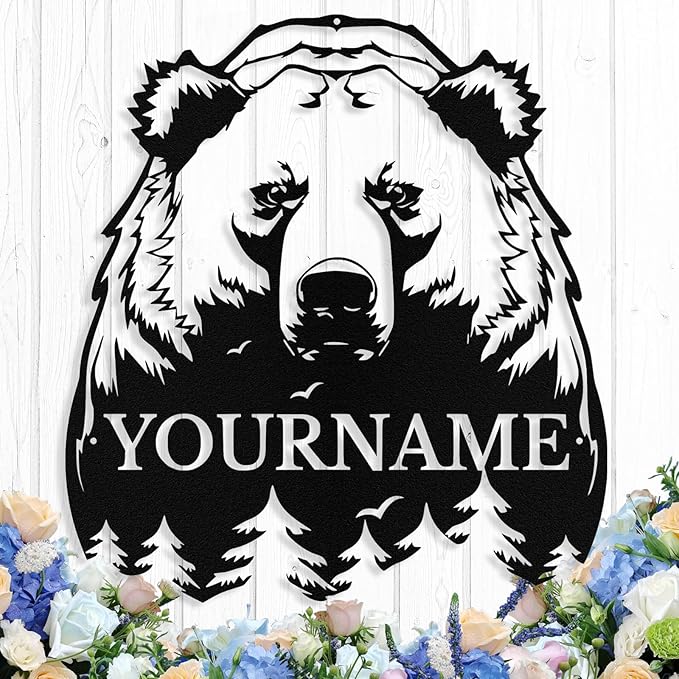 Custom Bear Metal Sign, Custom Bear Metal Wall Art Decor, Personalized Last Name Signs for Home, Rustic Farmhouse Black Wall Decor for Cabin, Bedroom, Living Room, Porch