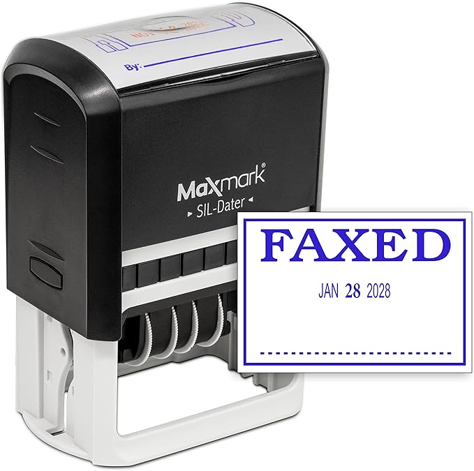 MaxMark Large Self-Inking Rubber Date Office Stamp with Faxed Phrase & Date - Blue Ink, 12-Year Band - Style 3