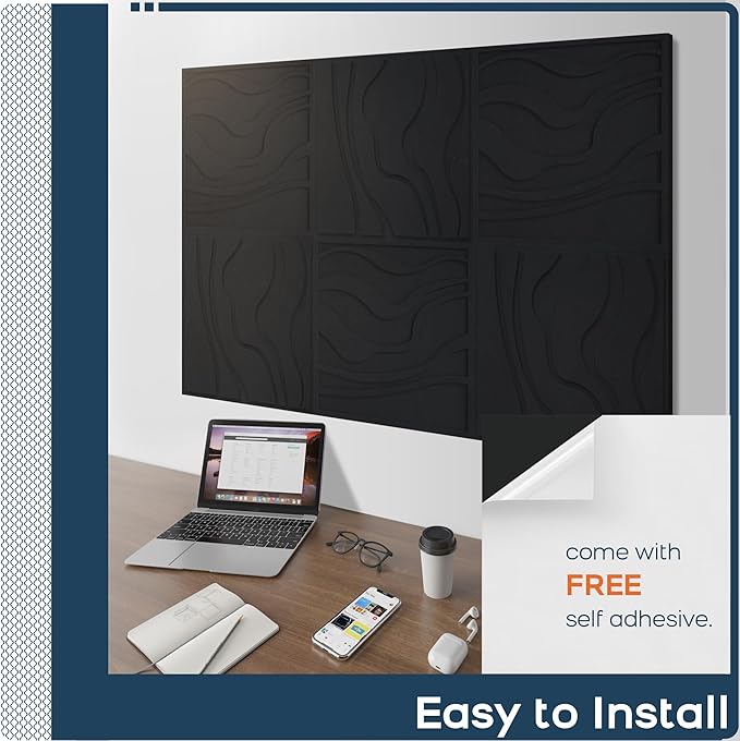 BUBOS Large Acoustic Panels, 6-Pack Soundproof Wall Panels Thickened 23.6 x 23.6 Inches, Self-adhesive Sound Absorbing Panels Decorative for Recording Studio Office Home Theater, Black