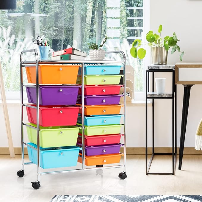 COSTWAY 15 Drawer Rolling Storage Cart, Multipurpose Mobile Storage Organizer w/Removable Drawers & Metal Frame, Utility Tools Paper Organizer on Wheels for Home, Office (Multi-color)