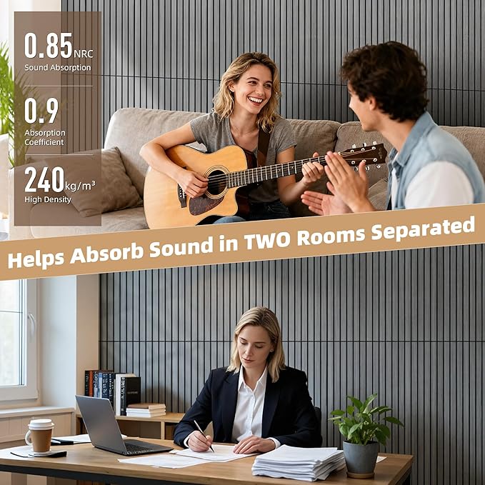 TO-TH Wood-Look Acoustic Wall Panels, 10 Pack 47.2” x 23.6” Sound Panels, Decorative Wood Panels for Wall Sound Dampening Panels for Home, Office, Basement, Gray Oak with Mitered Edges