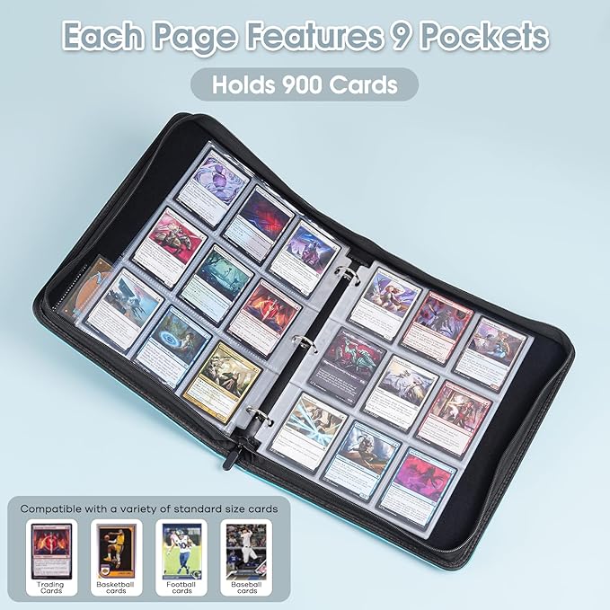 ProCase 900 Pockets Card Binder with Clear Window for Trading Cards, 9 Double Sided Pockets Cards Colletction Album Holder with Removable Sleeves for MTG, TCG, Sports Cards, Football Cards -Lightblue