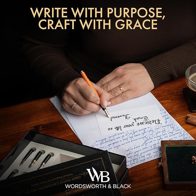 Wordsworth & Black Calligraphy Pen Gift Set, Includes Ink Bottle, 6 Ink Cartridges, Ink Refill Converter, 6 Replacement Nibs, Luxury Bamboo, Journaling, Smooth Writing Pens [Cherry Wood]