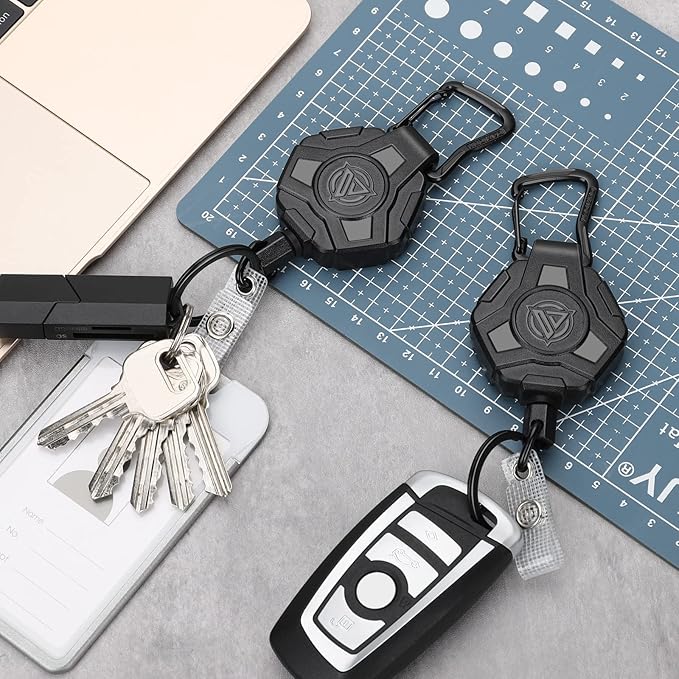 1 Pack Retractable Keychain Heavy Duty, Badge Reels Retractable, Tactical ID Badge Holder with Upgraded Zinc Alloy Carabiner, 31.5'' Coated Steel Cord, Bearing 8.0 oz, Black