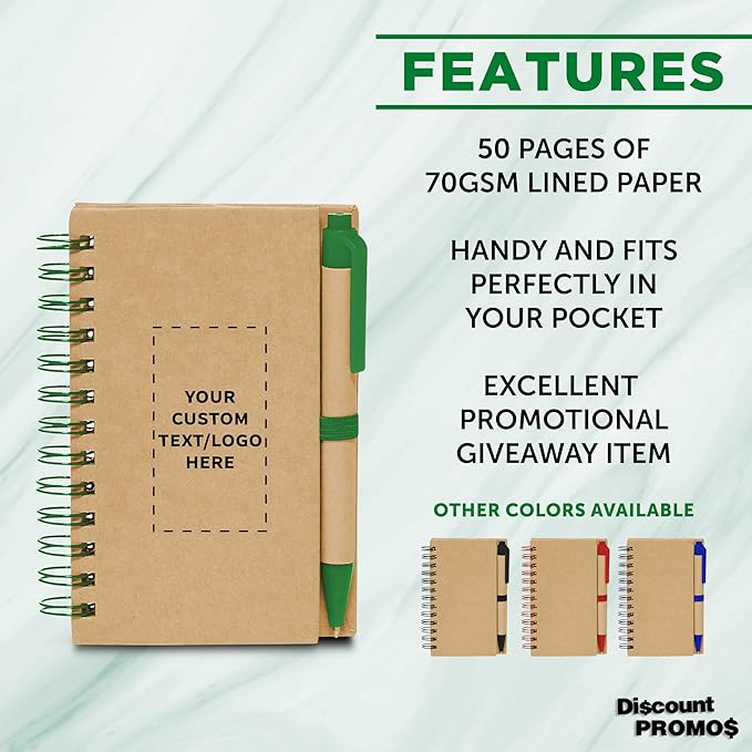 Custom Mini Spiral Notebooks with Black Ink Pens Set of 10/50/100, Personalized Bulk Pack - Perfect for School, Office, Business, Home - Green