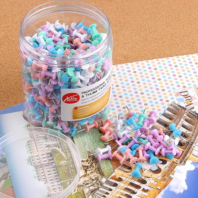 Yalis Push Pins 600 Count Macarone Colors, Standard Multicolored Thumb Tacks Steel Point and Colors Plastic Head