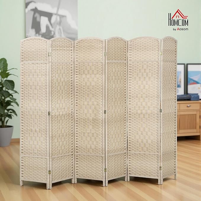 HOMCOM 6 Panel Room Divider, 6' Tall Folding Privacy Screen, Hand-Woven Freestanding Wall Partition for Home Office, Bedroom, Washed Oak