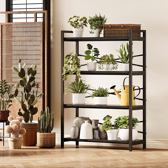 4 Tier Bookshelf 31.49" Width, Tall Book Shelf Storage and Organization, Wooden and Metal Industrial Bookcase, Large Book Shelves for Home Living Room Bedroom Office Storage(Black)