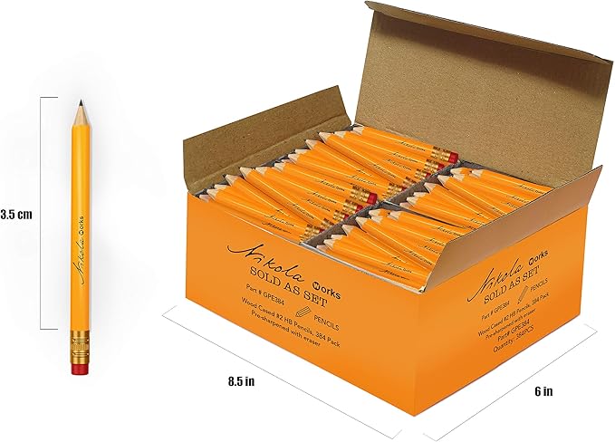 Nikola Works Mini Golf Pencils With Erasers - 192 Count - Classic Pre-Sharpened #2 HB American Pew Pencils Standard Hex Shaped Bulk Pack