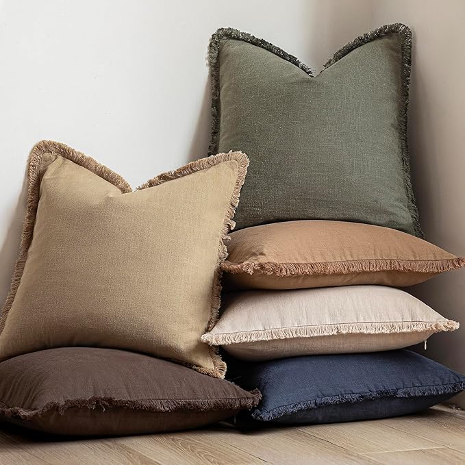 Foindtower Set of 2 Decorative Linen Fringe Throw Pillow Covers Boho Farmhouse Cushion Cover with Tassels Soft Accent Pillowcase for Couch Sofa Bed Living Room Home Decor,22×22 Inch,Reddish Brown