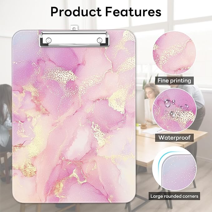 Luminzo Plastic Cute Clipboard Low-Profile Metal Clip, A4 Letter Size 9 x 12.5 in, 8.5 x 11 Paper Clip Board for Teachers, Nurses, Classroom,Pink Gold Marble