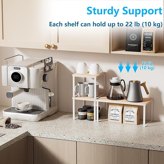Golener Countertop Organizer Corner Shelf, 2 Tier Adjustable Stackable Corner Shelves for Kitchen, Bathroom, Spice Rack, Coffee Bar, Cabinet, Dresser Table, Corner Counter Shelf Stand, Natural Beige