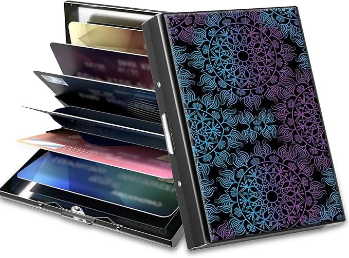 BWEGRHE Slim Credit Card Holder, Purple Blue Mandala RFID Blocking Metal Wallet for Men & Women, Aluminum Minimalist Hard Case Pocket-Sized Business Cards Organizer (Fits Up to 10 Cards)