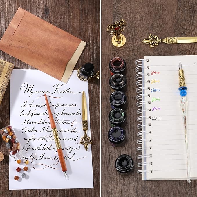 Junhartt Quill Feather Pen and Ink Set, Calligraphy Pen Glass Dip Pen and Wax Seal Stamp Kit (Black)