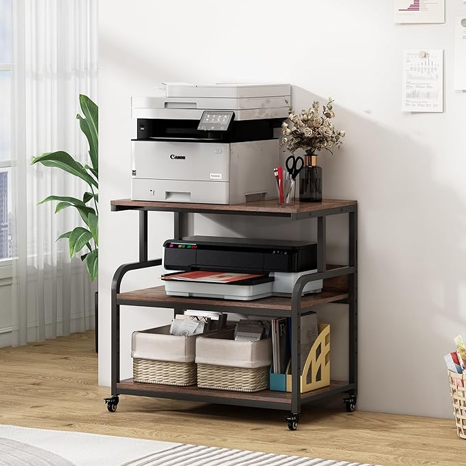 Fannova 32.3" Wide Extra Large Printer Stand, 3 Tier Printer Table with Adjustable Storage Shelf, Rolling Printer Cart with Industrial Wheels for Home Office, Rustic Brown