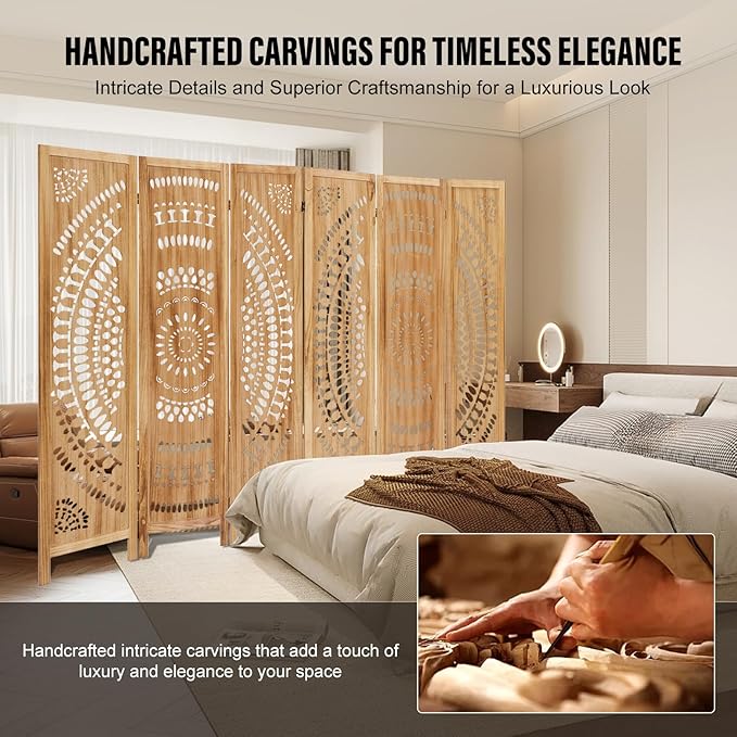 ALeesing 6 Panel Wood Room Divider Fully Assembled, Decorative Room Dividers and Folding Screens, 5.6Ft Room Divider Screen Freestanding Partition Wall Dividers for Home Bedroom Office, Light Brown