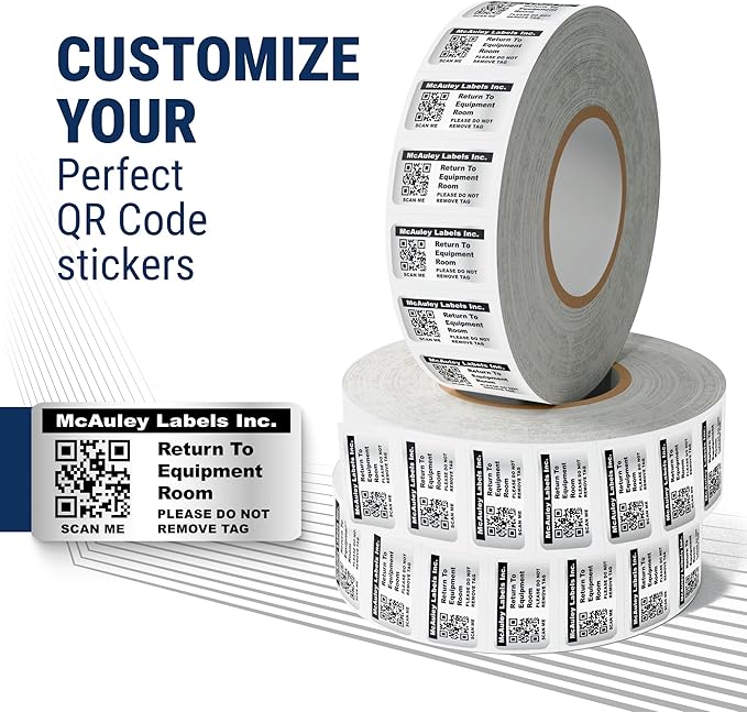 McAuley Labels Custom QR Code Stickers - Numbered, Permanent, Adhesive Asset Tags for Equipment - Metalized Silver Polyester - 2x1 Inches